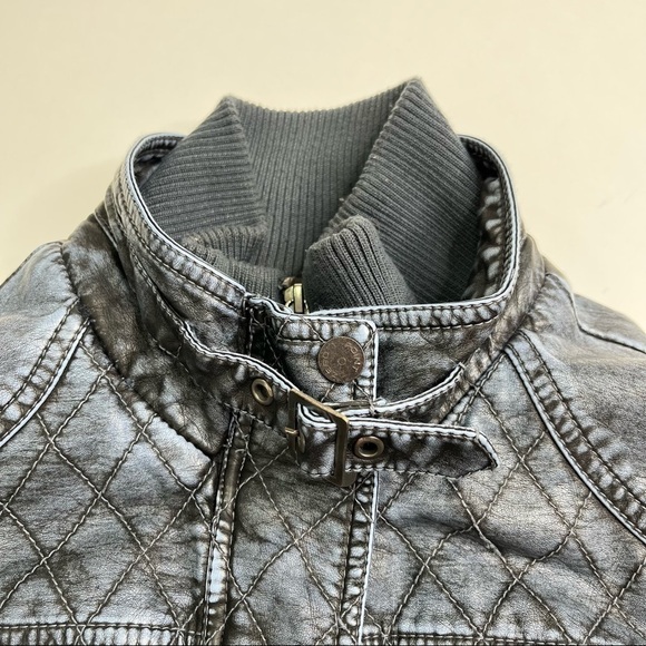 POINT ZERO Blue Acid Washed Vegan Leather Quilted Moto Style Collar Jacket Coat - Picture 4 of 15